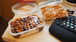 Greek yogurt, blueberries, MTS Whey, PB2 and some Walden's Farms. Bag of puffed kamut and a slice of PB&J cheesecake.